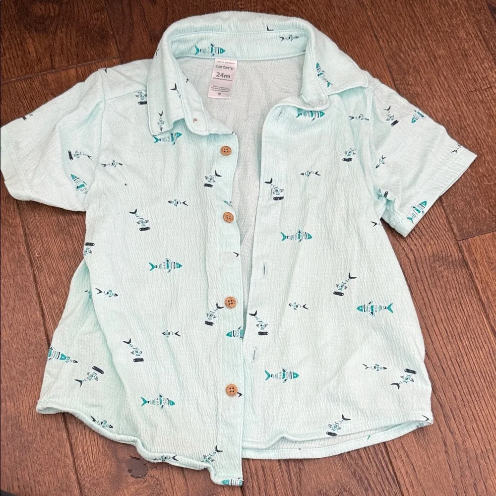 Carter's Light Green Fish Print Button Down Shirt